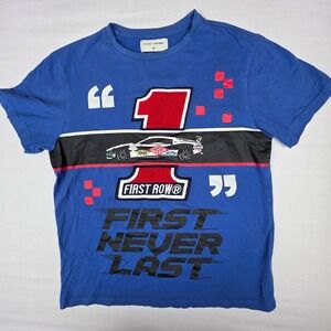 First Row Mens Blue Racing Graphic T-Shirt First Never Last Chenille Patch M